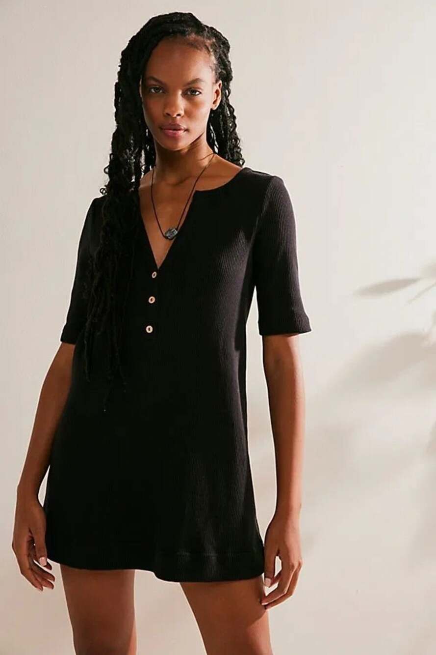 Free People Beach Jane Black Cotton Ribbed Henley Mini Dress Washed Black XS